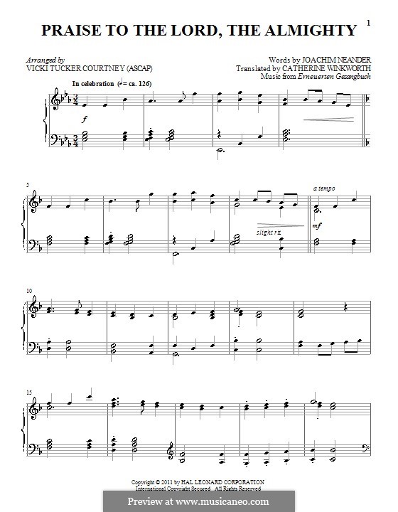 Praise to the Lord, the Almighty: For piano (E Flat Major) by Unknown (works before 1850)