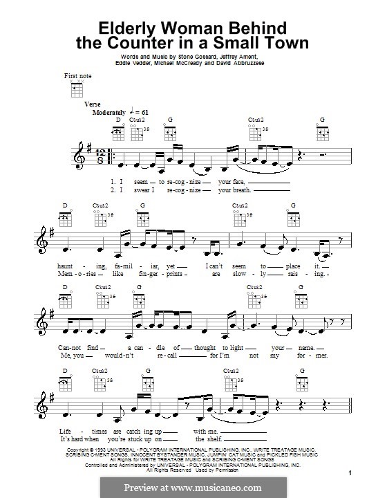 Elderly Woman Behind the Counter in a Small Town (Pearl Jam): For ukulele by David Abbruzzese, Eddie Vedder, Jeff Ament, Mike McCready, Stone Gossard