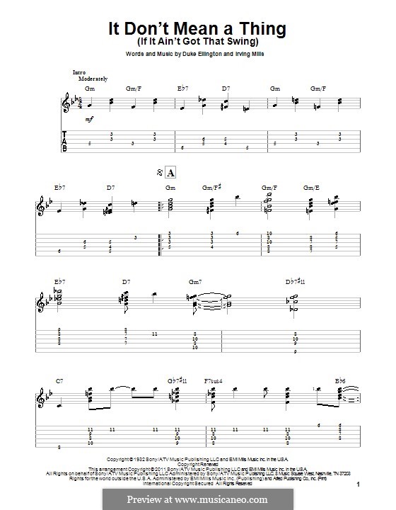 It Don't Mean a Thing (If It Ain't Got That Swing): For guitar with tab by Irving Mills, Duke Ellington