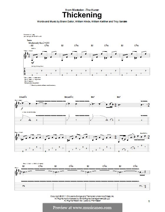 Thickening (Mastodon): For guitar with tab by Brann Dailor, Troy Sanders, William Hinds, William Kelliher