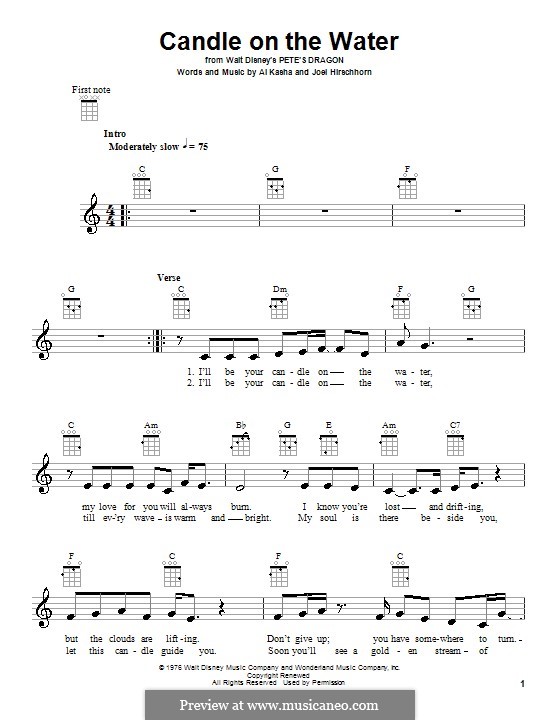Candle on the Water (from Walt Disney's Pete's Dragon): For ukulele by Al Kasha, Joel Hirschhorn