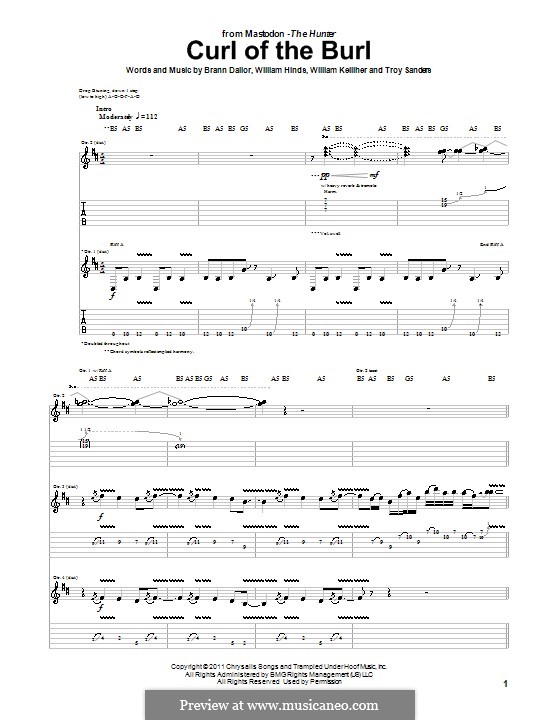 Curl of the Burl (Mastodon): For guitar with tab by Brann Dailor, Troy Sanders, William Hinds, William Kelliher