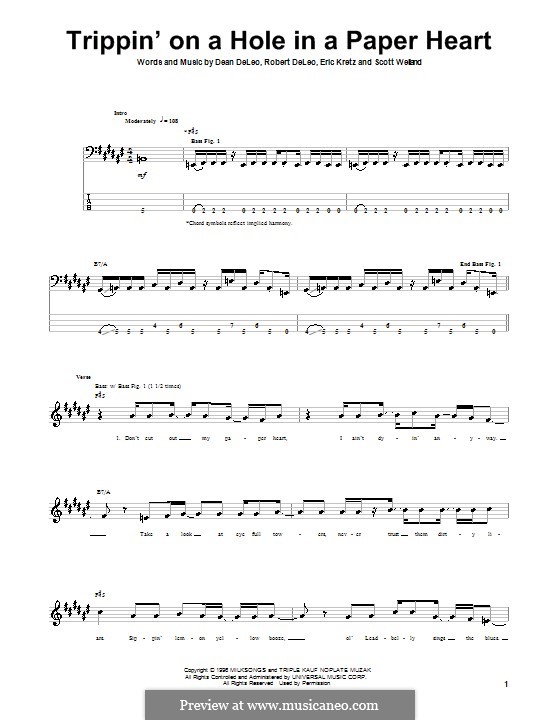 Trippin' on a Hole in a Paper Heart (Stone Temple Pilots): For bass guitar by Dean DeLeo, Eric Kretz, Robert DeLeo, Scott Weiland