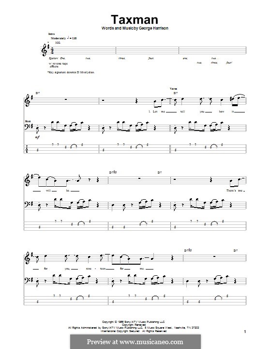 Taxman (The Beatles): For bass guitar with tab by George Harrison