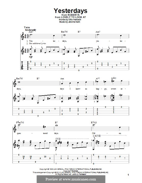 Yesterdays (from Roberta): For guitar with tabulature by Jerome Kern