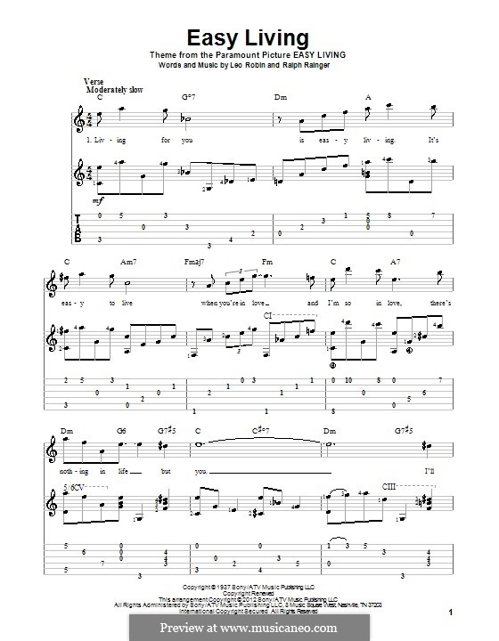 Easy Living (Billie Holiday): For guitar with tab by Leo Robin, Ralph Rainger