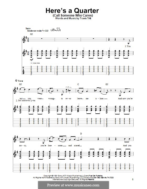 Here's a Quarter (Call Someone Who Cares): For guitar with tab by Travis Tritt