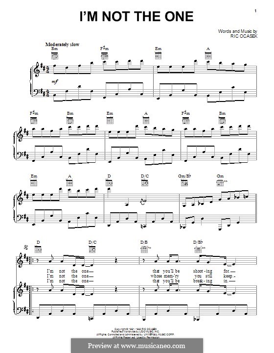 I'm not the One (The Cars): For voice and piano (or guitar) by Ric Ocasek