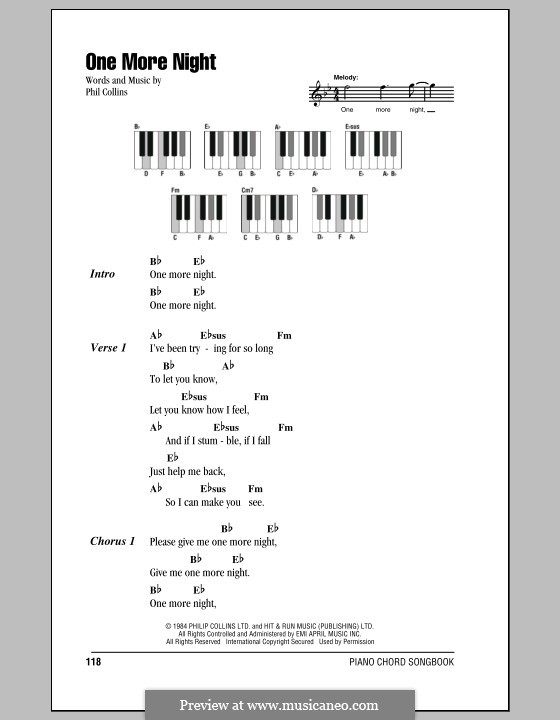 One More Night: Lyrics and piano chords by Phil Collins