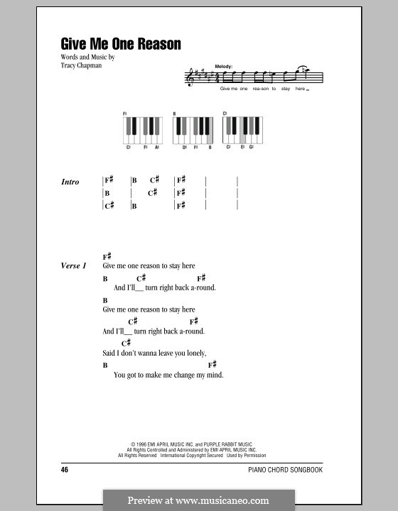 Give Me One Reason: Lyrics and piano chords by Tracy Chapman