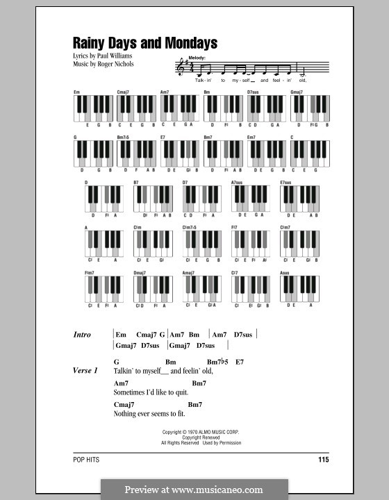 Rainy Days and Mondays (Carpenters): Lyrics and piano chords by Paul H. Williams, Roger Nichols