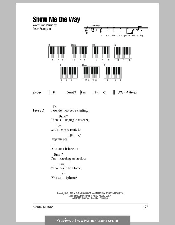 Show Me the Way: Lyrics and piano chords by Peter Frampton