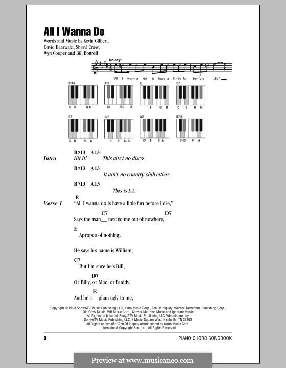 All I Wanna Do: Lyrics and piano chords by Bill Bottrell, David Baerwald, Kevin Gilbert, Sheryl Crow, Wyn Cooper