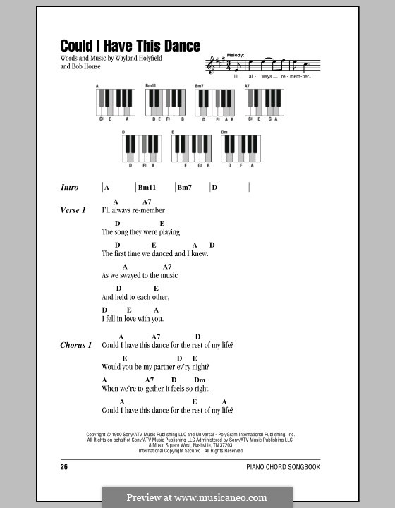 Could I Have This Dance (Anne Murray): Lyrics and piano chords by Bob House, Wayland Holyfield