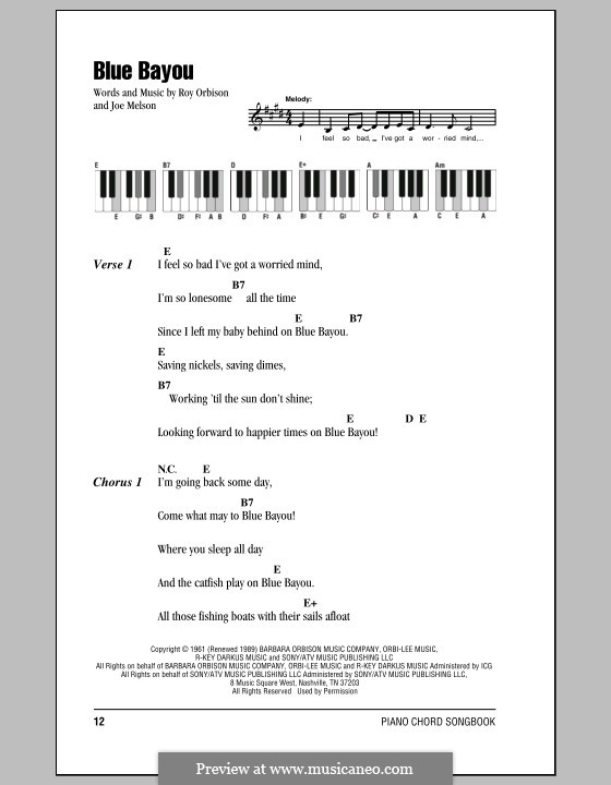 Blue Bayou (Linda Ronstadt): Lyrics and piano chords by Joe Melson