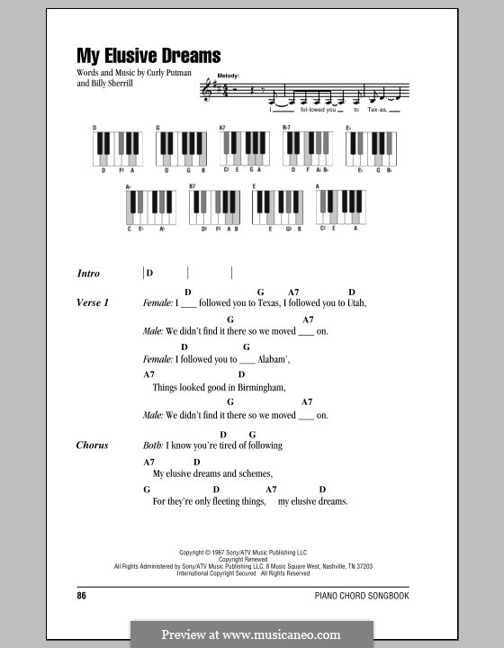 My Elusive Dreams (David Houston & Tammy Wynette): Lyrics and piano chords by Billy Sherrill, Curly Putman