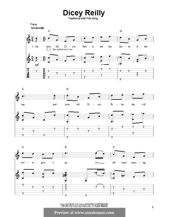 Dicey Reilly: For guitar with tab by folklore