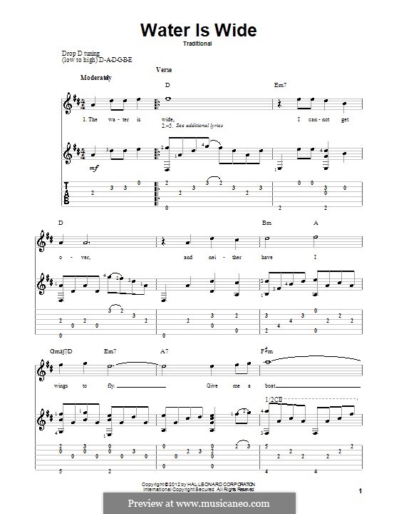 The Water is Wide (O Waly, Waly), Printable scores: For guitar by folklore