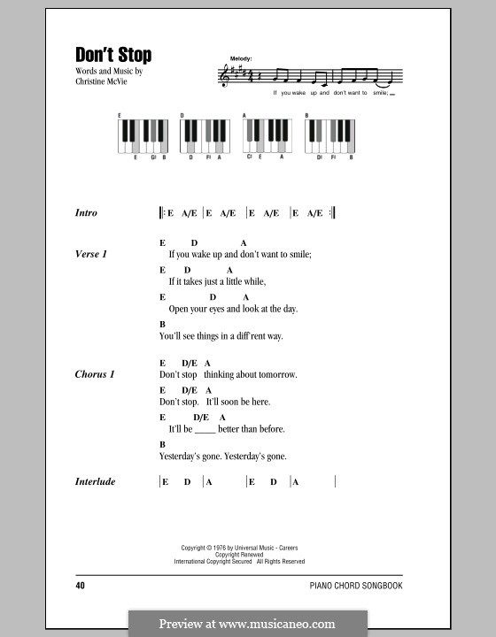 Don't Stop (Fleetwood Mac): Lyrics and piano chords by Christine McVie