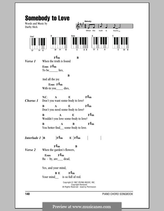 Somebody to Love (Jefferson Airplane): Lyrics and piano chords by Darby Slick