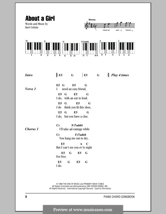 About a Girl (Nirvana): Lyrics and piano chords by Kurt Cobain