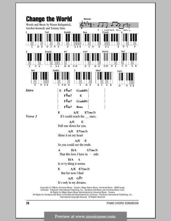 Change the World (Eric Clapton and Wynonna): Lyrics and piano chords by Gordon Kennedy, Tommy Sims, Wayne Kirkpatrick