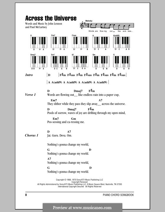 Across the Universe (The Beatles): Lyrics and piano chords by John Lennon, Paul McCartney