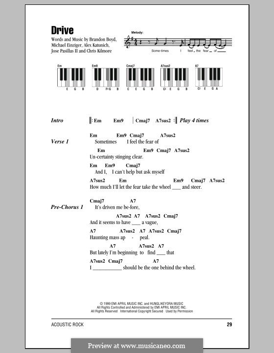 Drive (Incubus): Lyrics and piano chords by Alex Katunich, Brandon Boyd, Chris Kilmore, Jose Pasillas II, Michael Einziger