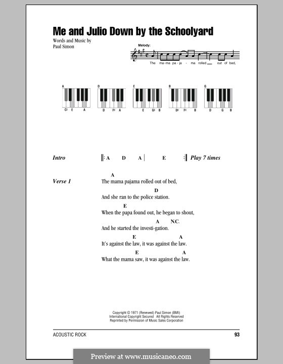 Me and Julio Down By the Schoolyard (Simon & Garfunkel): Lyrics and piano chords by Paul Simon