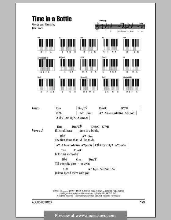 Time in a Bottle: Lyrics and piano chords by Jim Croce