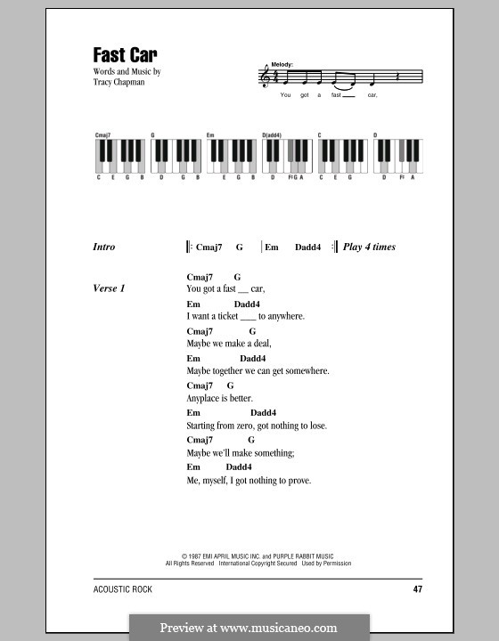 Fast Car: Lyrics and piano chords by Tracy Chapman