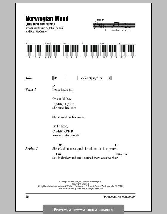 Norwegian Wood (This Bird Has Flown): Lyrics and piano chords by John Lennon, Paul McCartney