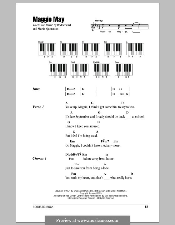 Maggie May: Lyrics and piano chords by Martin Quittenton, Rod Stewart