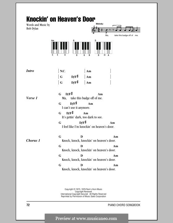 Knockin' on Heaven's Door: Lyrics and piano chords by Bob Dylan