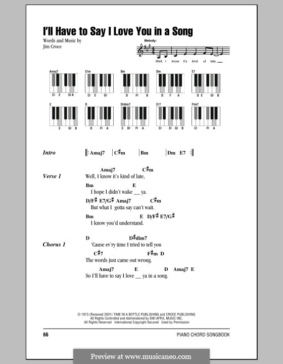 I'll Have to Say I Love You in a Song: Lyrics and piano chords by Jim Croce