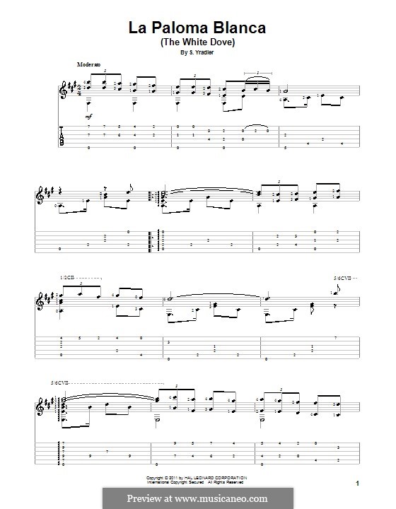 La Paloma (The Dove): For guitar with tab by Sebastián Yradier