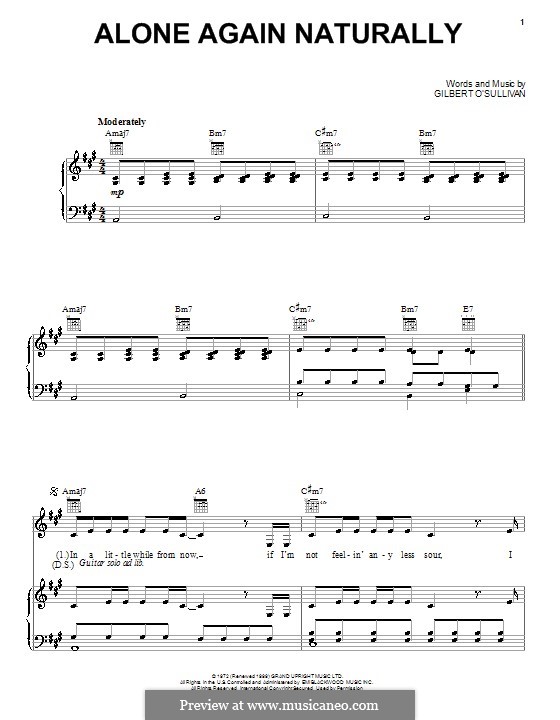 Gilbert O' Sullivan - Alone again (Naturally) Guitar Melody TAB Sheets