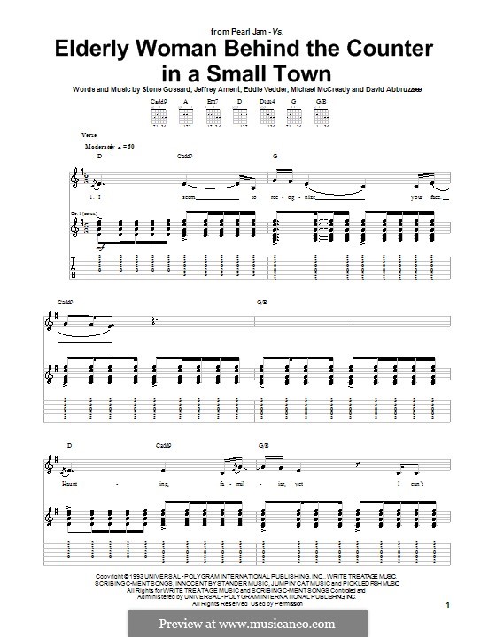 Elderly Woman Behind the Counter in a Small Town (Pearl Jam): For guitar with tab by David Abbruzzese, Eddie Vedder, Jeff Ament, Mike McCready, Stone Gossard