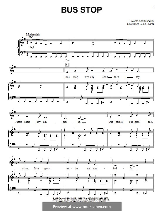 Bus Stop (The Hollies): For voice and piano (or guitar) by Graham Gouldman