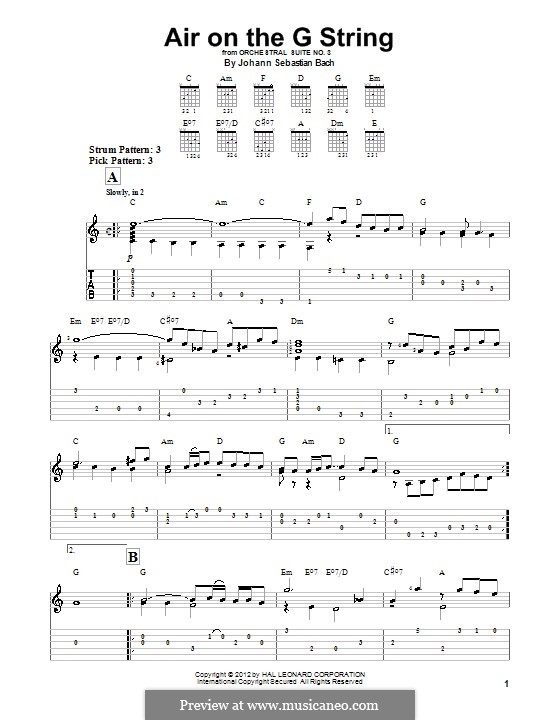 Aria (Printable Scores): Version for guitar (with tab) by Johann Sebastian Bach