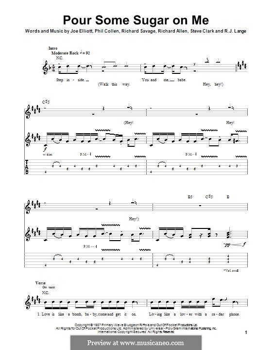 Pour Some Sugar on Me (Def Leppard): For guitar with tab by Joe Elliott, Phil Collen, Richard Savage, Robert John Lange, Steve Clark