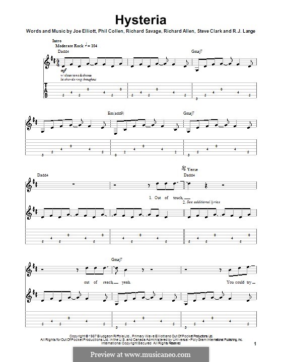 Hysteria (Def Leppard): For guitar with tab by Joe Elliott, Phil Collen, Richard Allen, Richard Savage, Robert John Lange, Steve Clark