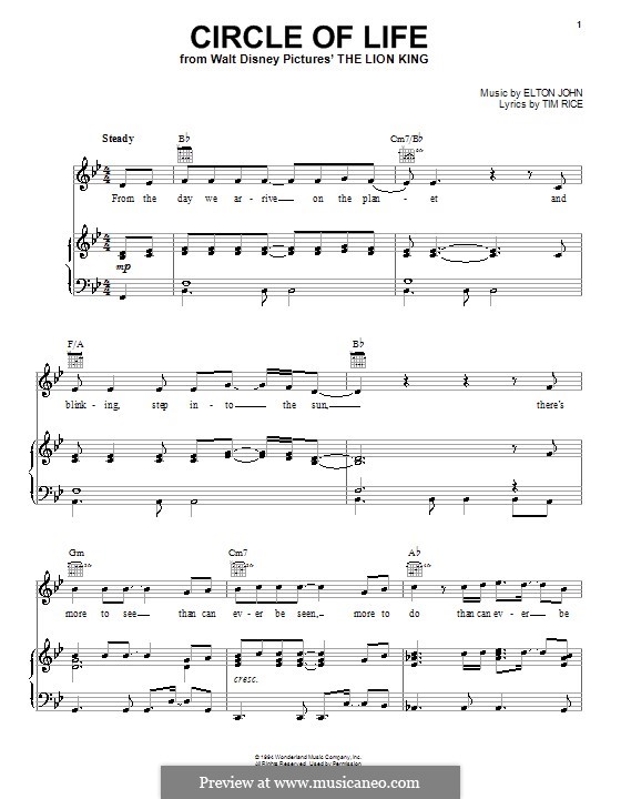 Circle Of Life From The Lion King Piano Vocal Score By E John