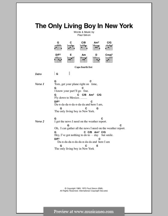 The Only Living Boy in New York: Lyrics and chords by Paul Simon