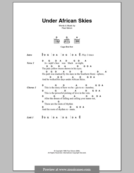Under African Skies: Lyrics and chords by Paul Simon