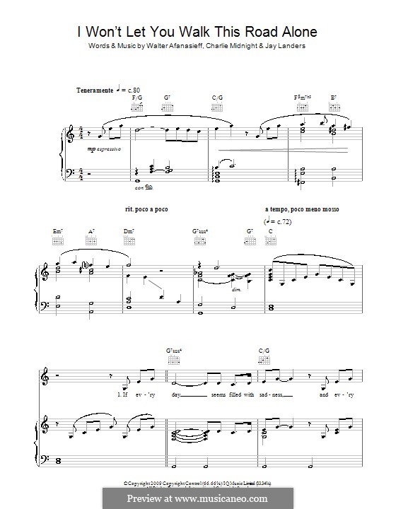 I Won't Let You Walk This Road Alone (Rhydian): For voice and piano (or guitar) by Charlie Midnight, Jay Landers, Walter Afanasieff