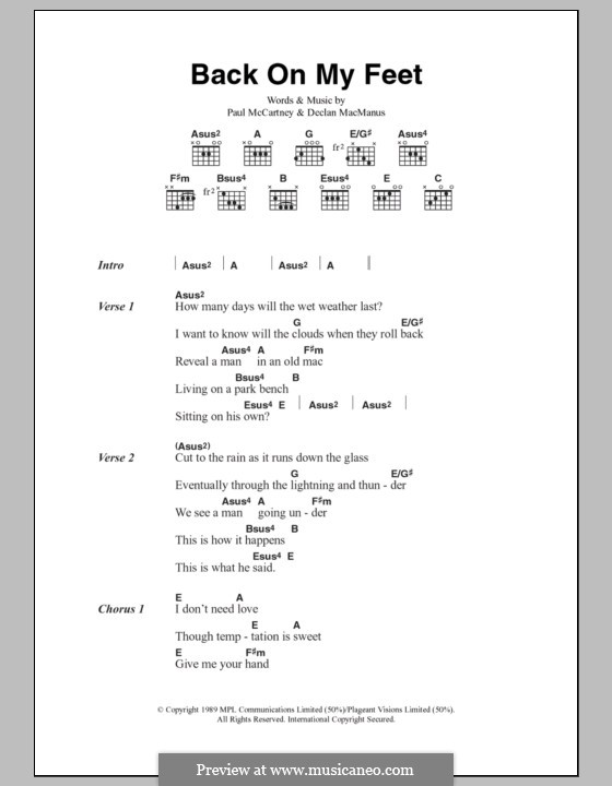 Back on My Feet: Lyrics and chords by Declan Macmanus, Paul McCartney