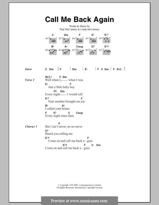 Call Me Back Again by L. McCartney, P. McCartney sheet music on MusicaNeo