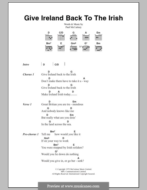 Give Ireland Back To the Irish (Wings): Lyrics and chords by Linda McCartney, Paul McCartney