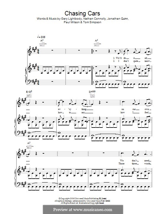 Chasing Cars (Snow Patrol): For voice and piano (or guitar) by Gary Lightbody, Jonathan Quinn, Nathan Connolly, Paul Wilson, Tom Simpson